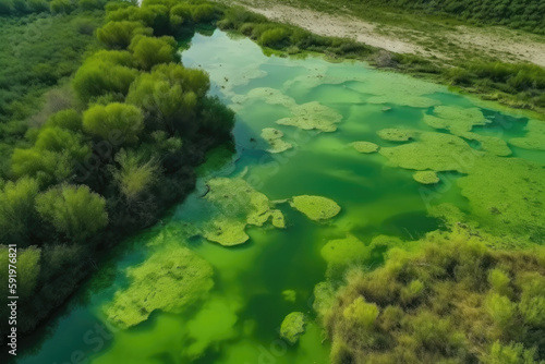 Amazing blooming algae on green river, aerial view created with Generative AI technology