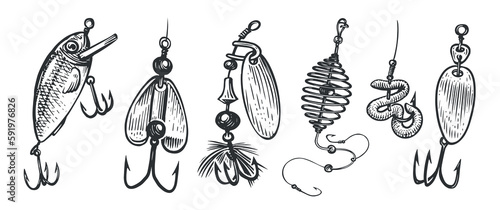 Fishing bait. Fishery lures and wobblers with hooks. Accessories, equipment set vector illustration photo