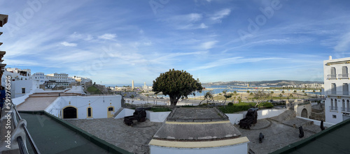 Morocco: ancient walls and skyline of Tangier old town, the door of Africa, city on the Maghreb coast in front of Strait of Gibraltar, mix of Arab, Portuguese, Spanish and British culture