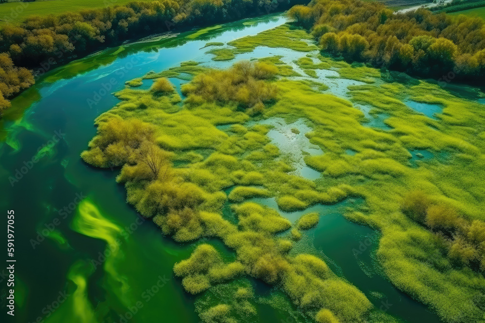 Amazing blooming algae on green river, aerial view created with Generative AI technology
