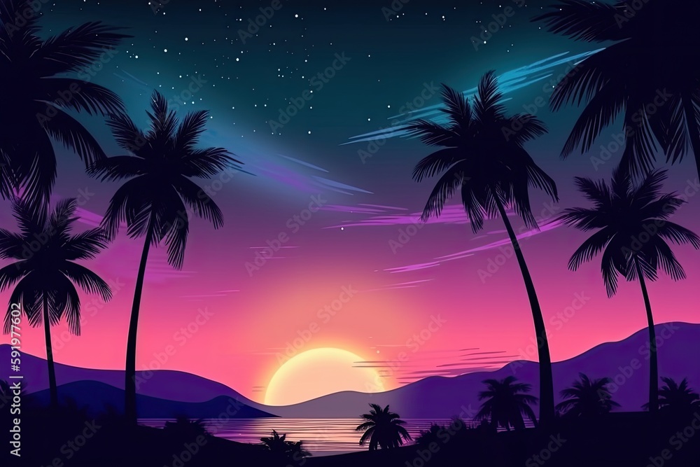 Neon sunset on the background of the silhouette of the palms. Generative ai.