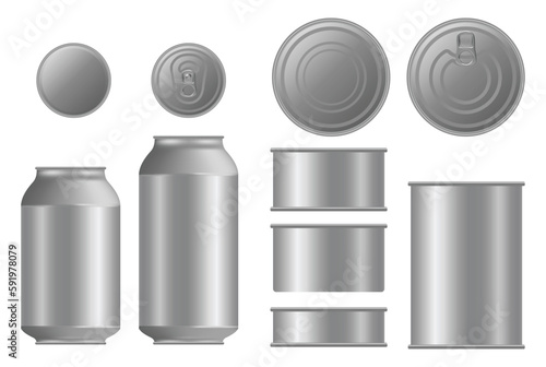 Metallic tin can for food. Front, top or bottom view. Vector realistic mockup of blank cylinder, aluminum container, round steel pack isolated on white background