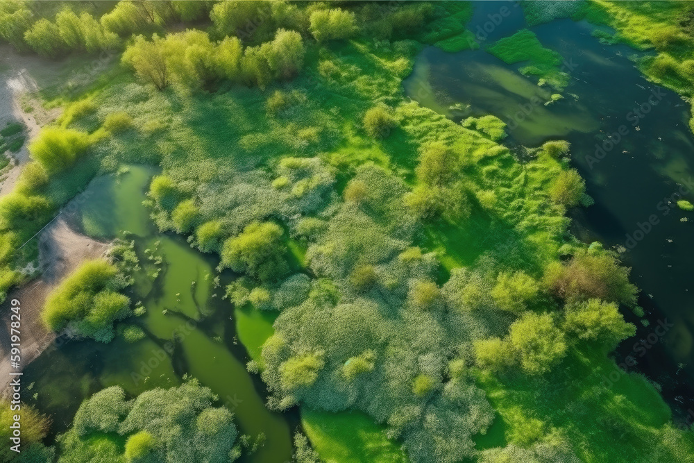 Fototapeta premium Amazing blooming algae on green river, aerial view created with Generative AI technology