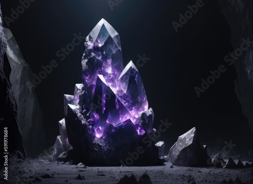 Purple crystal in a cave. Shining gemstone. Generative AI