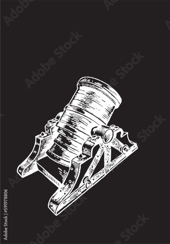 Graphical gun, a type of artillery piece isolated on black background, vector element of military weapon