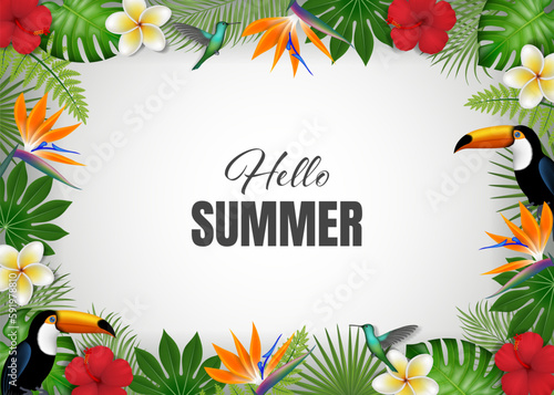 Summer frame with tropical plants and flowers. Hello summer background with exotic leaves and birds