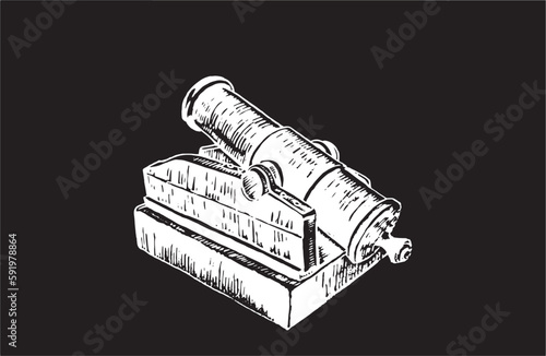 Graphical gun, a type of artillery piece isolated on black background, vector element of military weapon