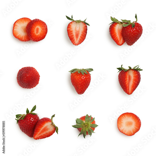 Fototapeta Naklejka Na Ścianę i Meble -  collection of cut, sliced and whole strawberries isolated