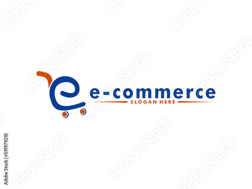 Letter E Online Shop Logo with Cart Vector , Shop Logo Vector