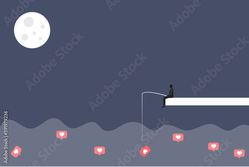 Businessman fishing social media likes and Searching popularity. Concept of social media, influence, and modern lifestyle