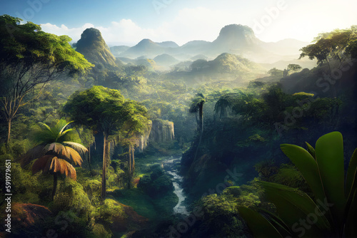 Brazil landscape with river and rainforest. Generative AI Art. Beautiful view.