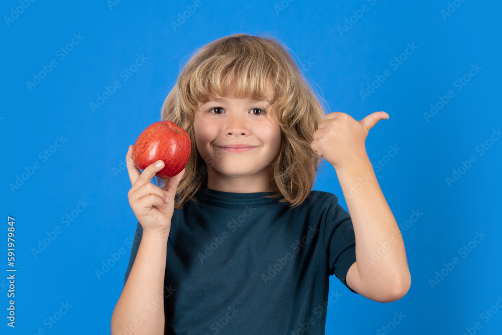 Healthy eating. Little cute kid boy with thumbs up hold red apple. Healthy eating. Little cute kid boy with thumbs up hold red apple.