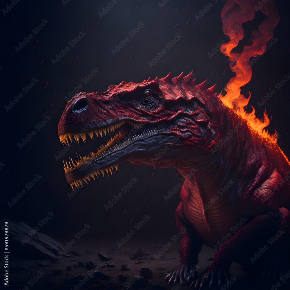 red dinosaur engulfed in flames