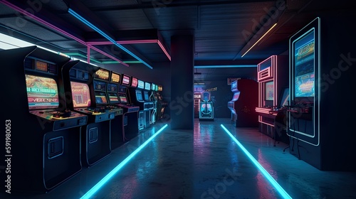 Empty video gaming room, 80s style arcade, neon, gaming mashines in a row, AI generative