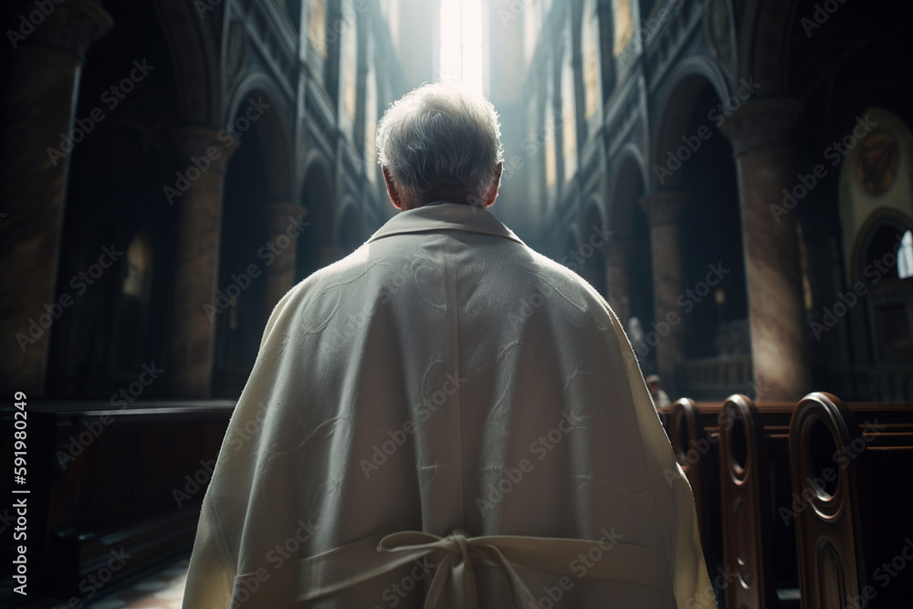 Father standing in church, Father wearing white coat, , ai generative