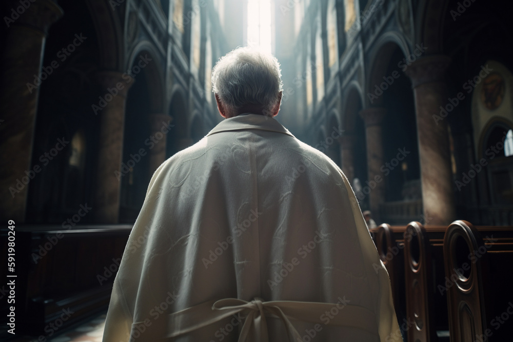 Father standing in church, Father wearing white coat, , ai generative Father standing in church, Father wearing white coat, , ai generative