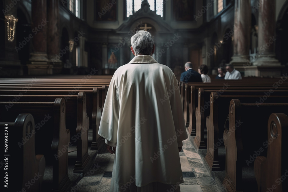 Father standing in church, Father wearing white coat, , ai generative