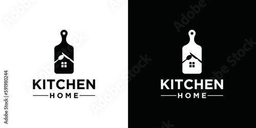 cutting board with home kitchen logo, spoon knife kitchen tool cooking tool, symbol icon vector illustration graphic design