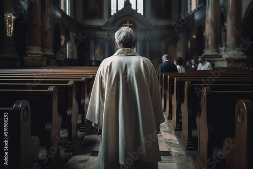 Father standing in church, Father wearing white coat, , ai generative