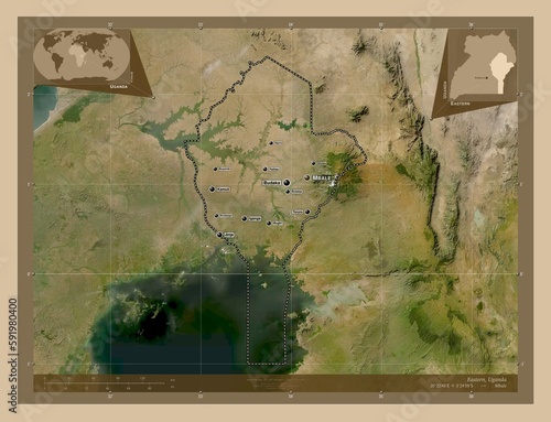 Eastern, Uganda. Low-res satellite. Labelled points of cities photo