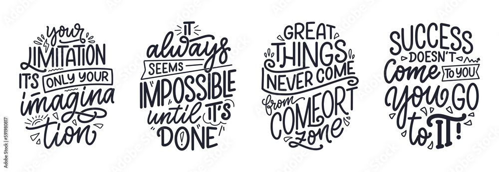 Set with hand drawn lettering quotes in modern calligraphy style about business motivation. Inspiration slogans for print and poster design. Vector Set with hand drawn lettering quotes in modern calligraphy style about business motivation. Inspiration slogans for print and poster design. Vector