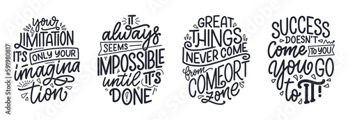Set with hand drawn lettering quotes in modern calligraphy style about business motivation. Inspiration slogans for print and poster design. Vector
