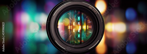 Camera lens with colorful background contrasting backgrounds. Generative Ai. 
