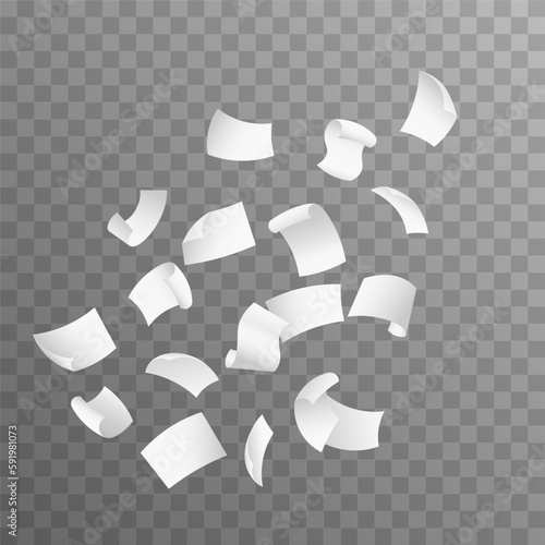 Realistic 3d Detailed White Blank Empty Flying Papers.	Flying paper sheets. Isolated on transparent background. 