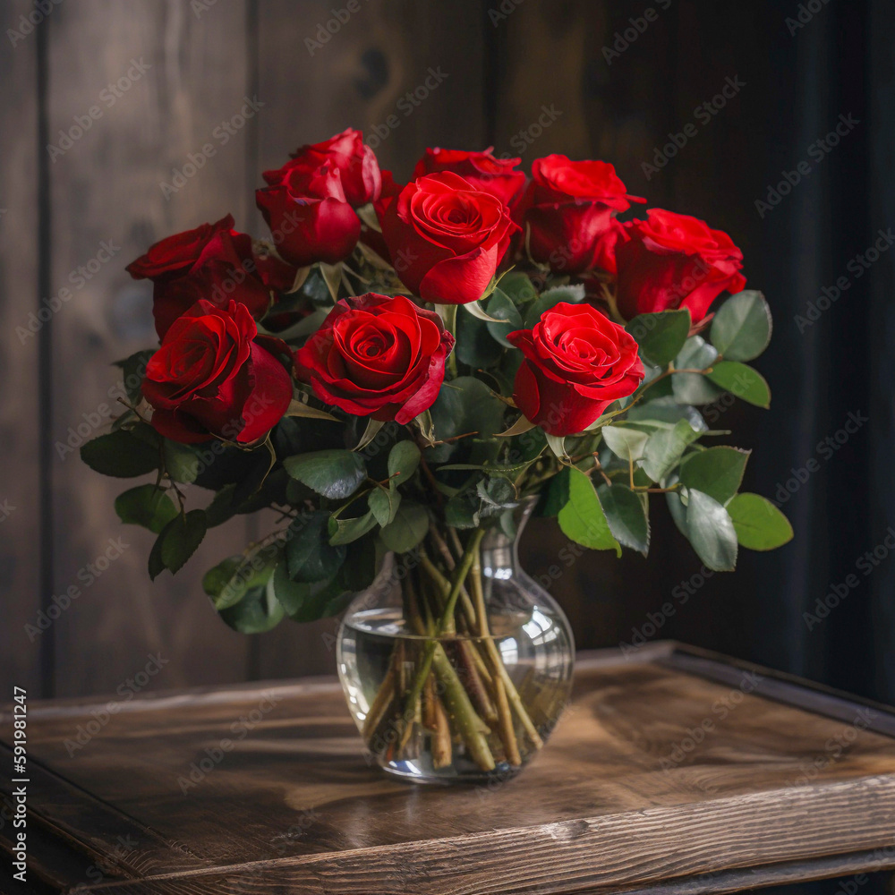 Roses in a vase on a wooden table, ai generated Roses in a vase on a wooden table, ai generated
