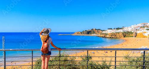 Panoramic view of Albufeira beautiful beach and city in Portugal- travel in Algarve