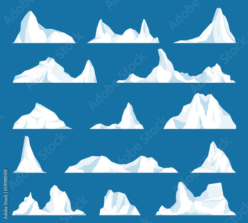 Set of isolated iceberg or drifting arctic glacier. Floating iceberg set. Frozen mountain and icy, frozen liquid and north theme. Design for video games. Arctic. Antarctic. Vector illustration.	