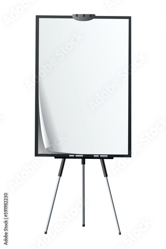 Flipchart mockup. Presentation and seminar whiteboard with blank paper sheets. Flip chart on tripod with space for text, vector illustration isolated on white background