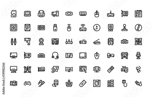 computer component, hardware, device, technology vector icon set outline style. perfect use for logo, presentation, website, and more. simple modern icon set design line style