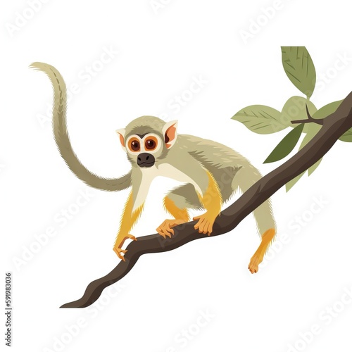  a monkey sitting on a tree branch with a leaf on its back and eyes wide open, on a white background, with a green leaf in the foreground.  generative ai photo