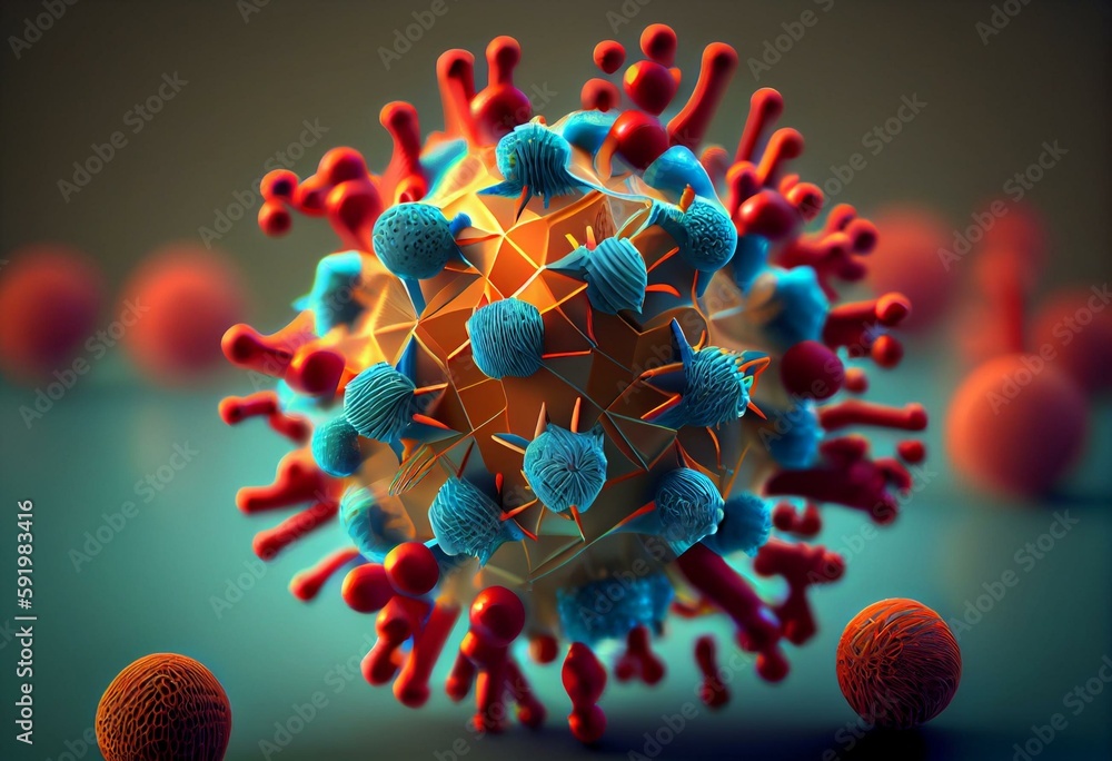 Measles viruses. 3D illustration showing structure of measles virus with surface glycoprotein spikes heamagglutinin-neuraminidase and fusion protein. Generative AI - obrazy, fototapety, plakaty 