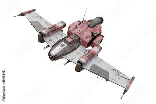 Fototapeta Naklejka Na Ścianę i Meble -  Futuristic science fiction fantasy fighter space craft in flight. Isolated 3D illustration.