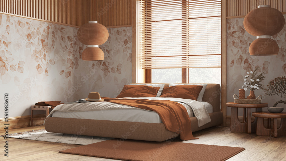 Obraz premium Wooden bedroom with master bed in orange and beige tones. Parquet floor, wallpaper, bedside tables and carpets. Japanese interior design
