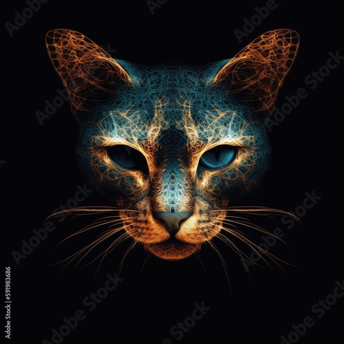 Abyssinian Cat Face Shape In Fire On Black Background. Generative AI photo