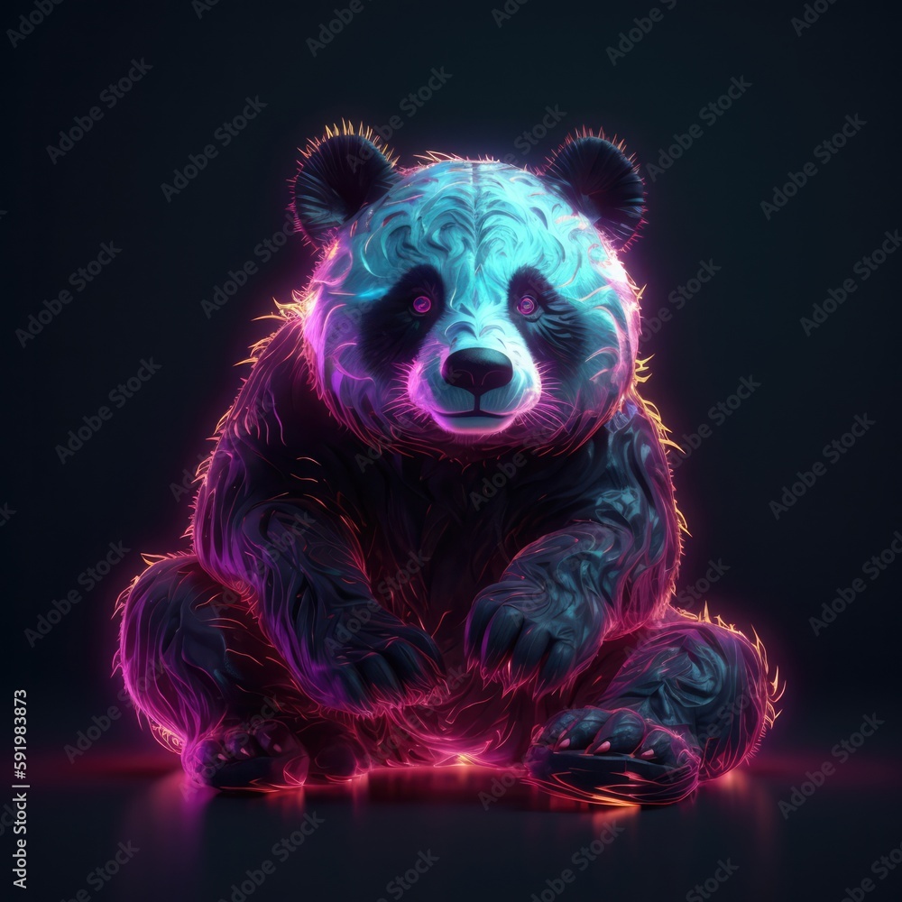 Beautiful Panda In Red Purple Fire On Black Background. Generative AI