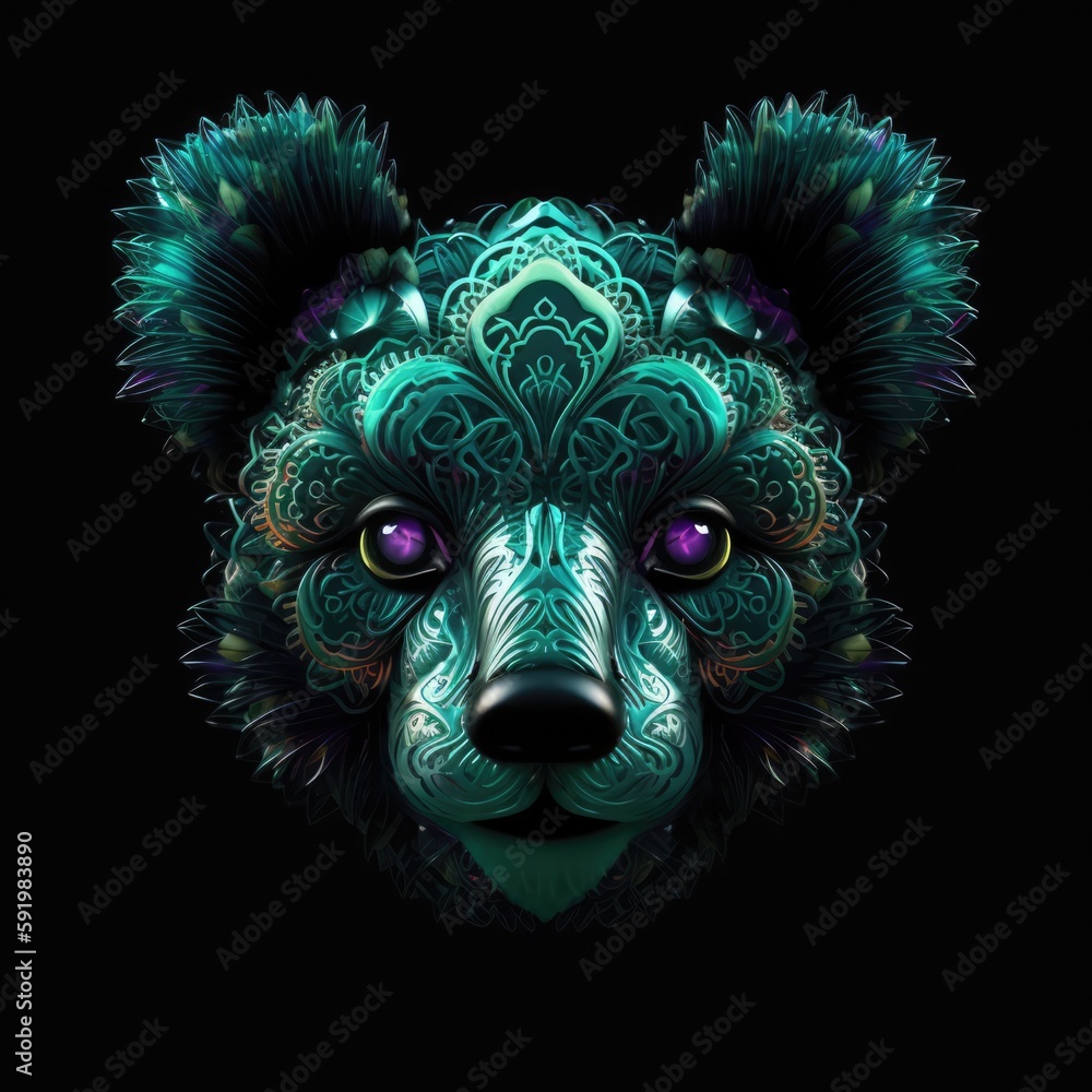 Beautiful Panda Face Hear In Green Purple Fire On Black Background Dazzling And Radiant. Generative AI