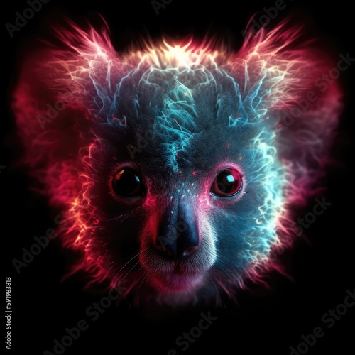 Beautiful Cute Baby Koala Face In Red Purple Fire On Black Background. Generative AI