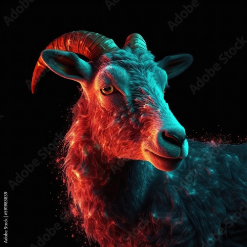 Beautiful Goat In Red Purple Fire On Black Background. Generative AI