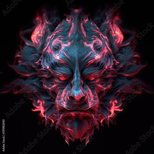 Beautiful Gargoyle Face Shape In Red Purple Fire On Black Background. Generative AI