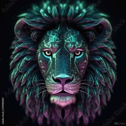 Beautiful Lion Face In Green Purple Fire On Black Background Dazzling And Radiant. Generative AI