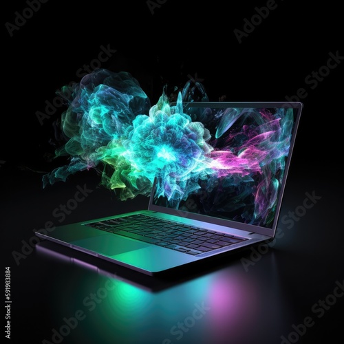 Beautiful Laptop Shape In Green Purple Fire On Black Background Dazzling And Radiant. Generative AI
