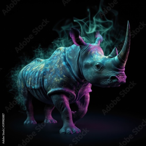 Beautiful Rhinoceros In Green Purple Fire On Black Background Dazzling And Radiant. Generative AI