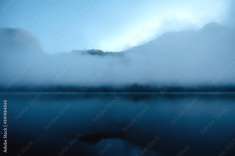 Beautiful landscape view of pine forest tree under the clouds and lake view