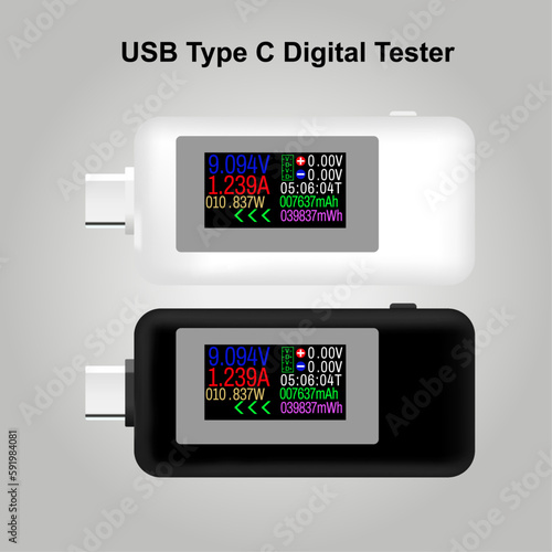 USB Tester, Current Voltage Meter Timing Ammeter Digital Monitor Cut off Power Indicator Bank Charger vector illustration