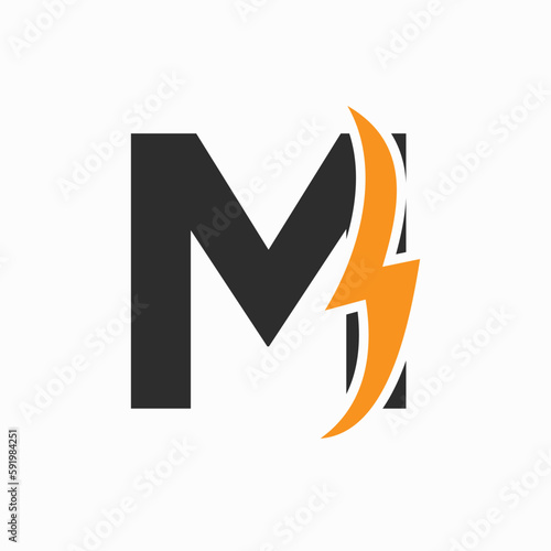 Initial Electric Logo on Letter M Concept With Power Icon, Volt Thunder Symbol