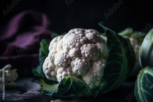 Cauliflower, dark moody background, dramatic image, generative ai, Fresh tasty vegetables, Fresh ingredients, cooking ingredients